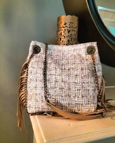 sac Lola  franges en cuir or et tweed